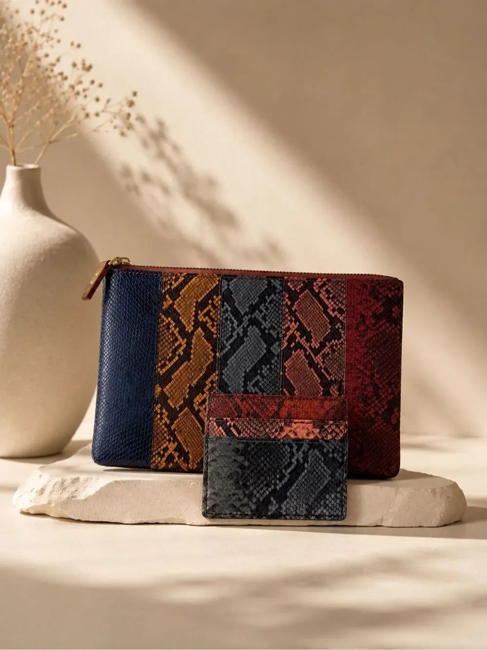 NWOT Madewell Multicolor Snakeskin Leather Pouch & Card Holder Set Colorblock Py